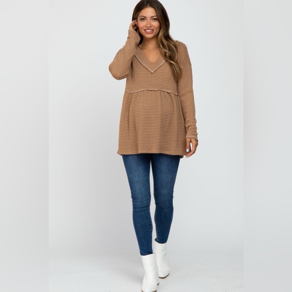 PinkBlush Camel Waffle Knit Maternity Peplum Top - Picture 5 of 5